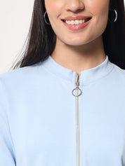 Light Winter Casual Wear Sky Blue A-Line Zip Neck Top Beatnik India