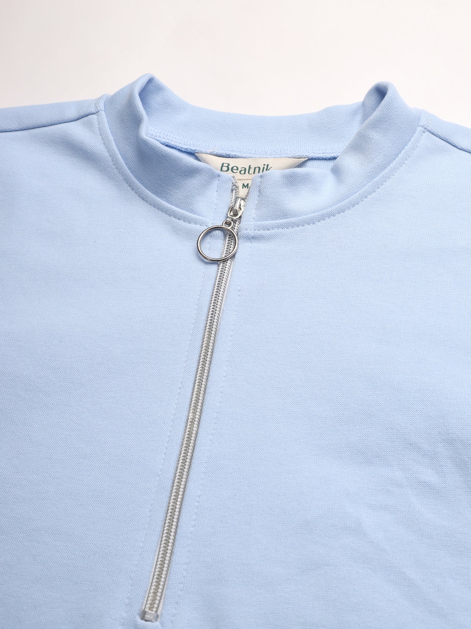 Light Winter Casual Wear Sky Blue A-Line Zip Neck Top Beatnik India