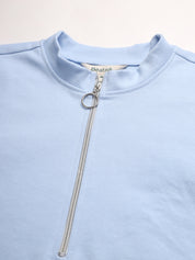 Light Winter Casual Wear Sky Blue A-Line Zip Neck Top Beatnik India