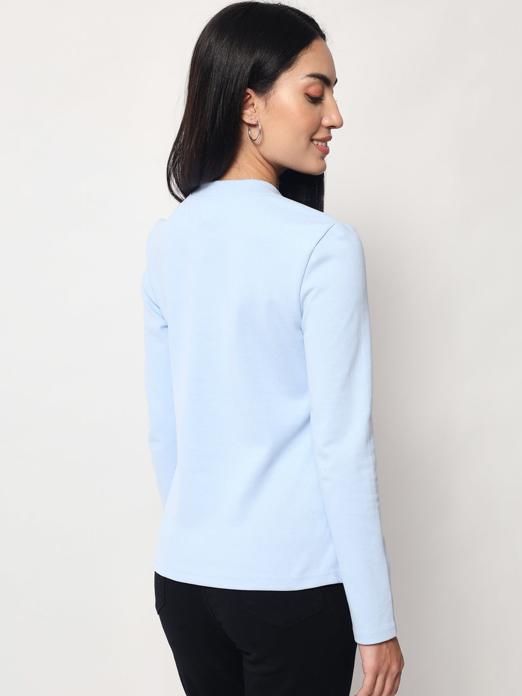Light Winter Casual Wear Sky Blue A-Line Zip Neck Top Beatnik India