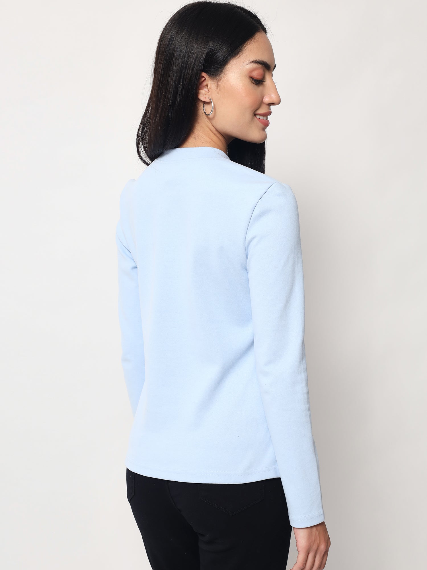 Light Winter Casual Wear Sky Blue A-Line Zip Neck Top Beatnik India