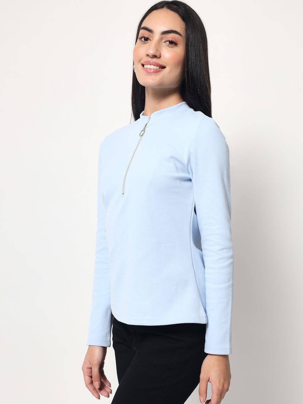 Light Winter Casual Wear Sky Blue A-Line Zip Neck Top Beatnik India