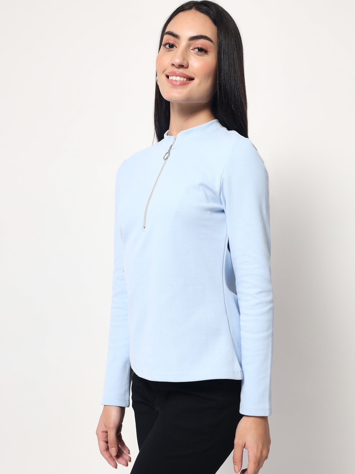 Light Winter Casual Wear Sky Blue A-Line Zip Neck Top Beatnik India