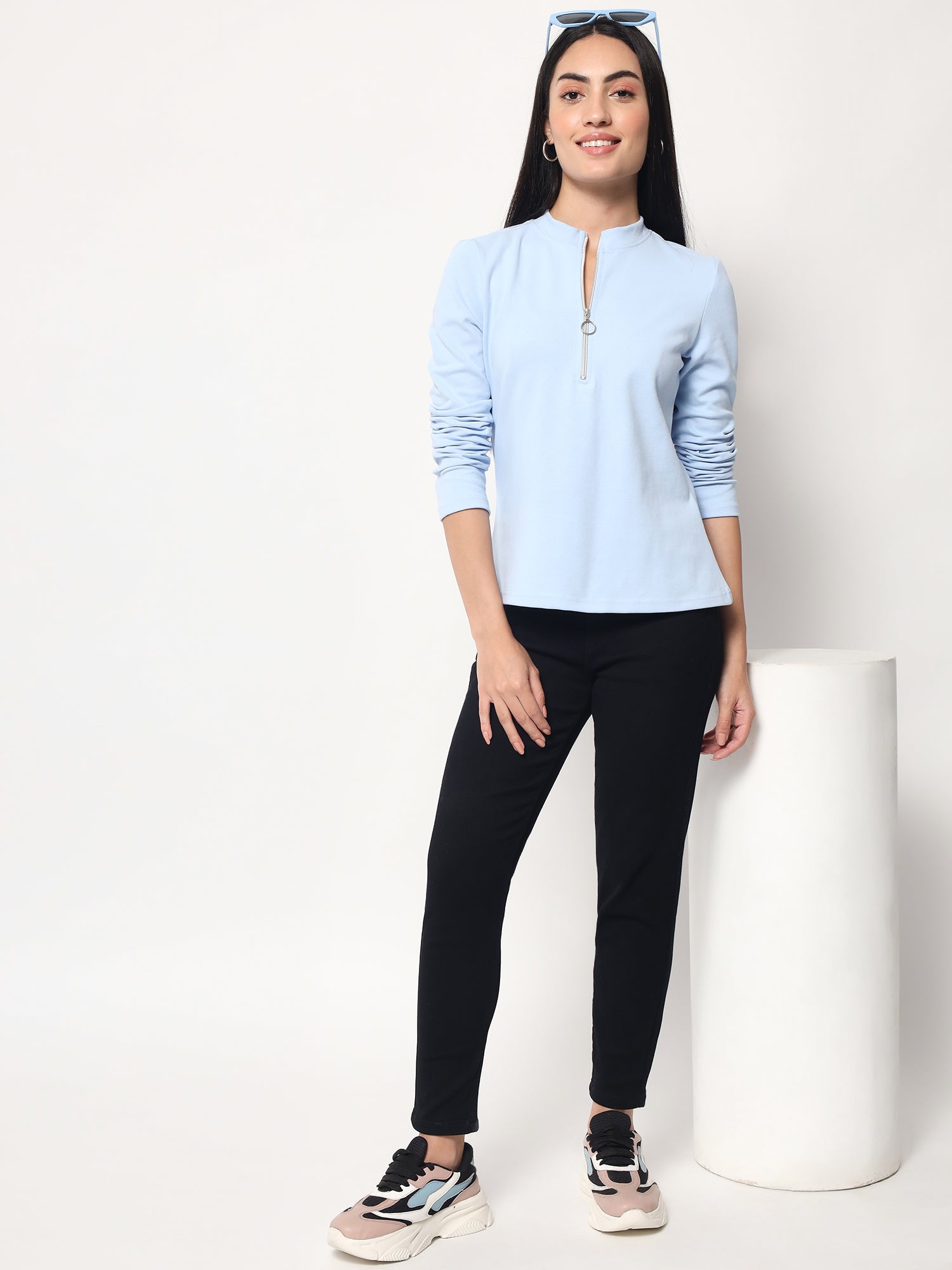 Light Winter Casual Wear Sky Blue A-Line Zip Neck Top Beatnik India