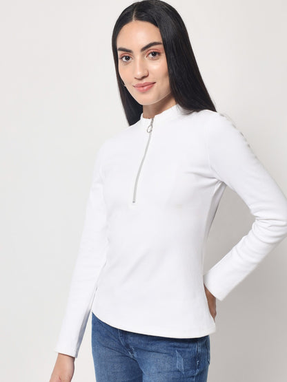 Light Winter Casual Wear White A-Line Zip Neck Top Beatnik India