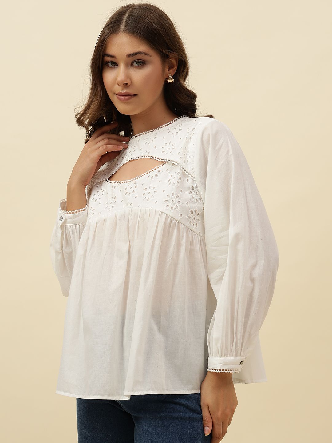 White Peasant  Round Neck Top Beatnik