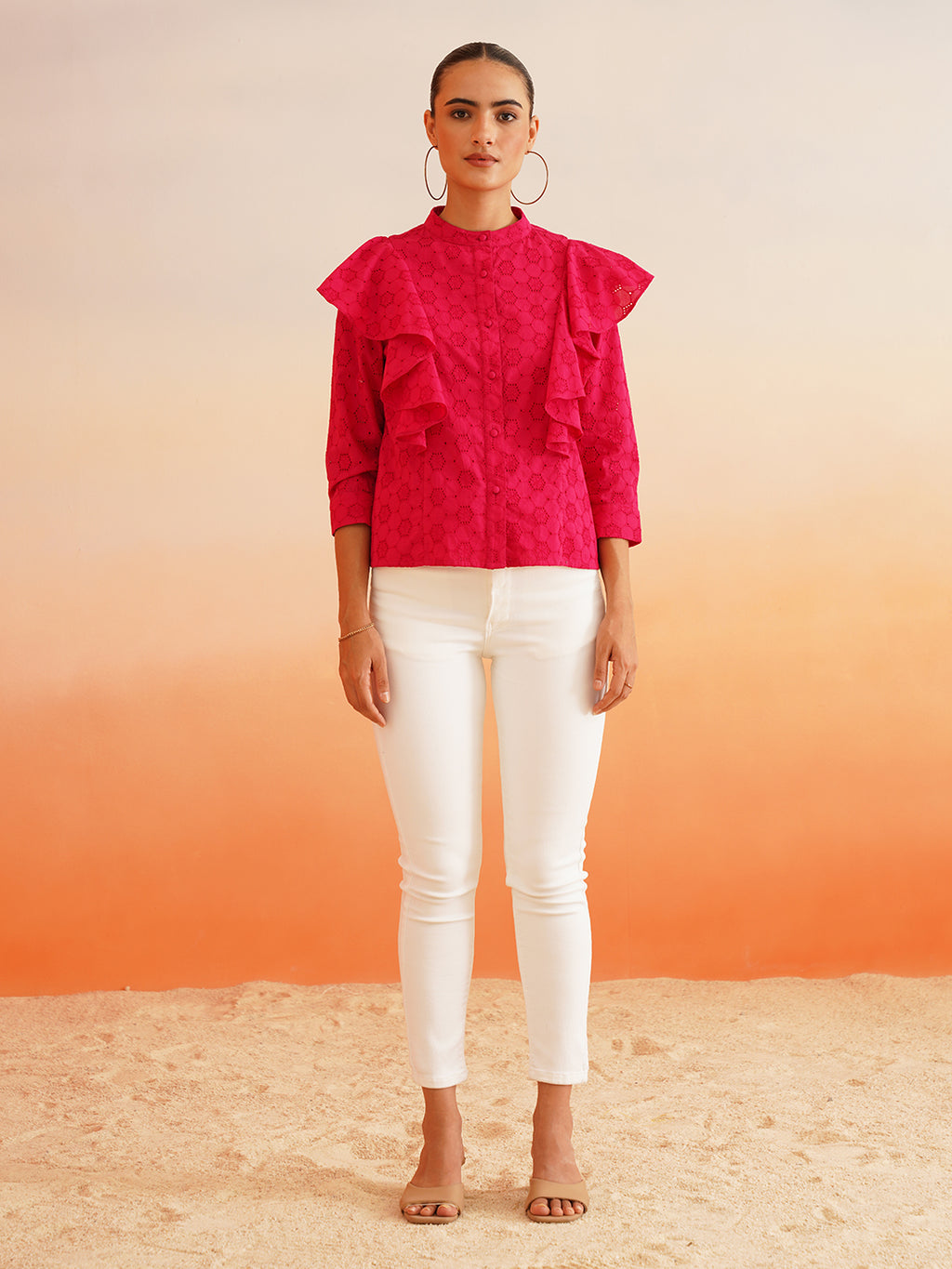 Shiffli Mandarian Collar Ruffle Top Beatnik