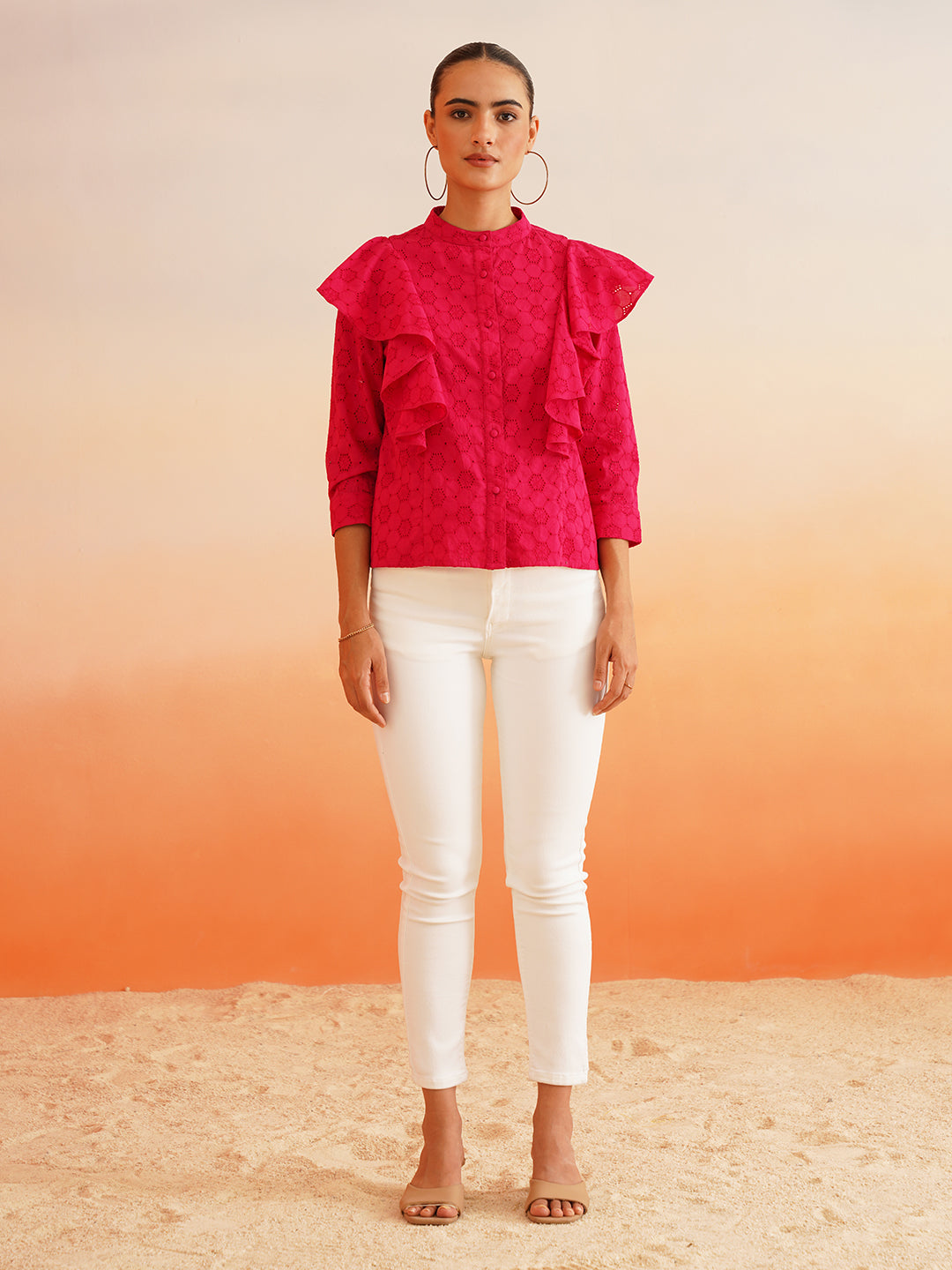 Shiffli Mandarian Collar Ruffle Top Beatnik