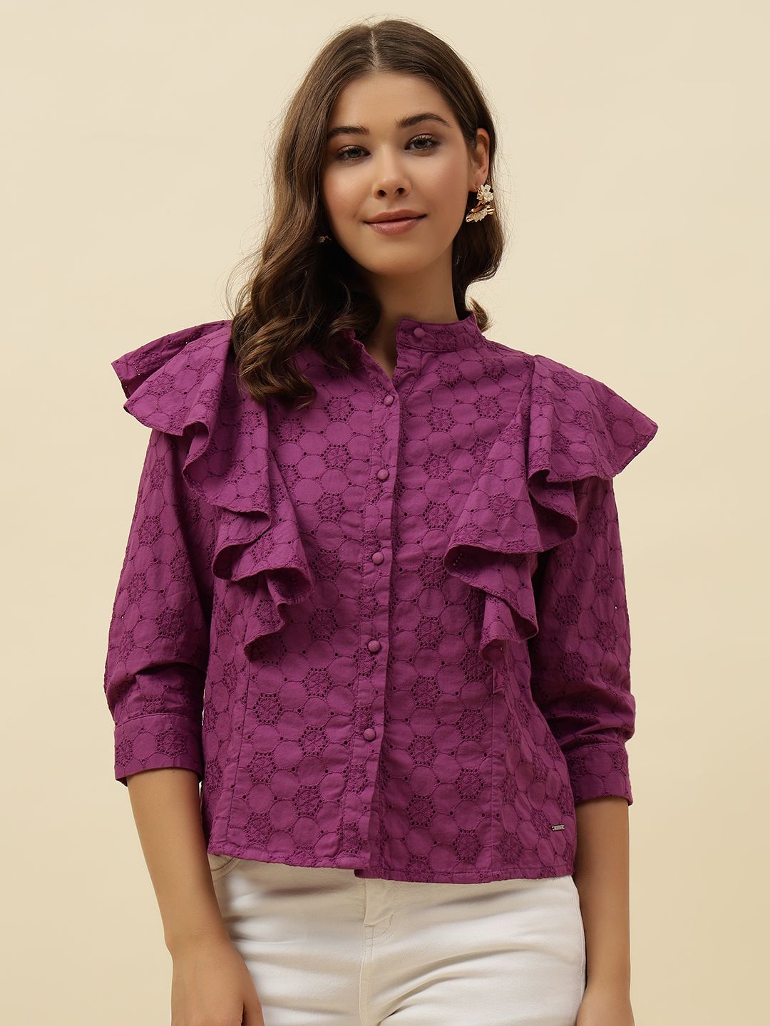 Purple Shirt Style  Mandarin Collar Top Beatnik