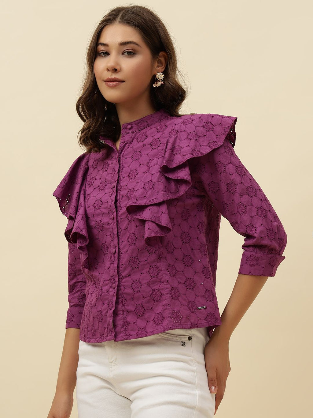 Purple Shirt Style  Mandarin Collar Top