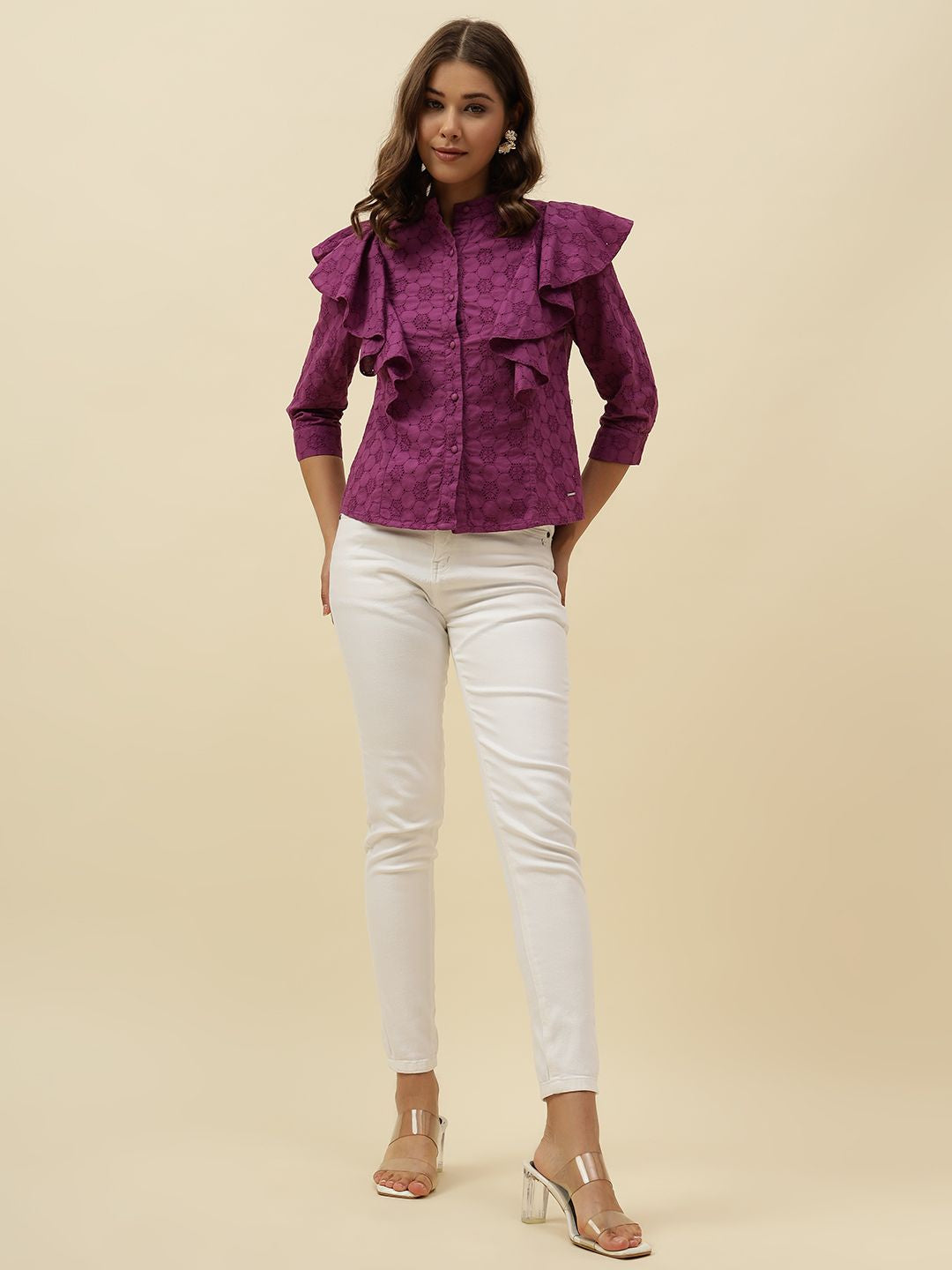 Purple Shirt Style  Mandarin Collar Top Beatnik