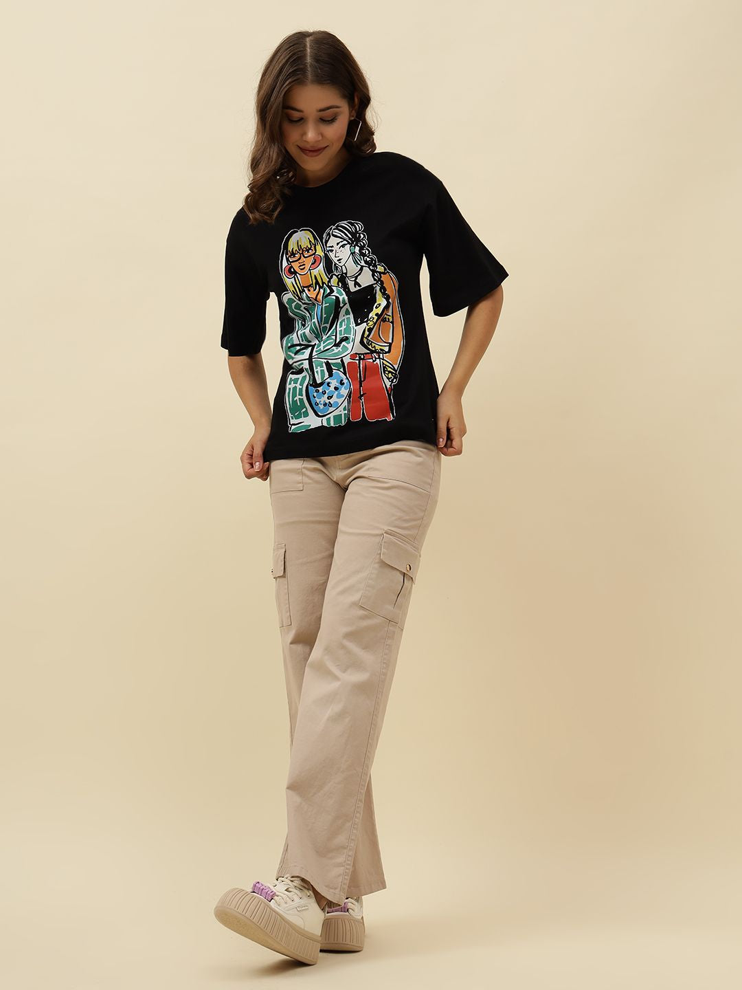 Black  Figure print Short Sleeve T-Shirt Beatnik