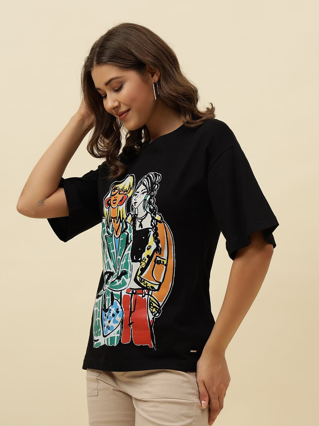 Black  Figure print Short Sleeve T-Shirt Beatnik