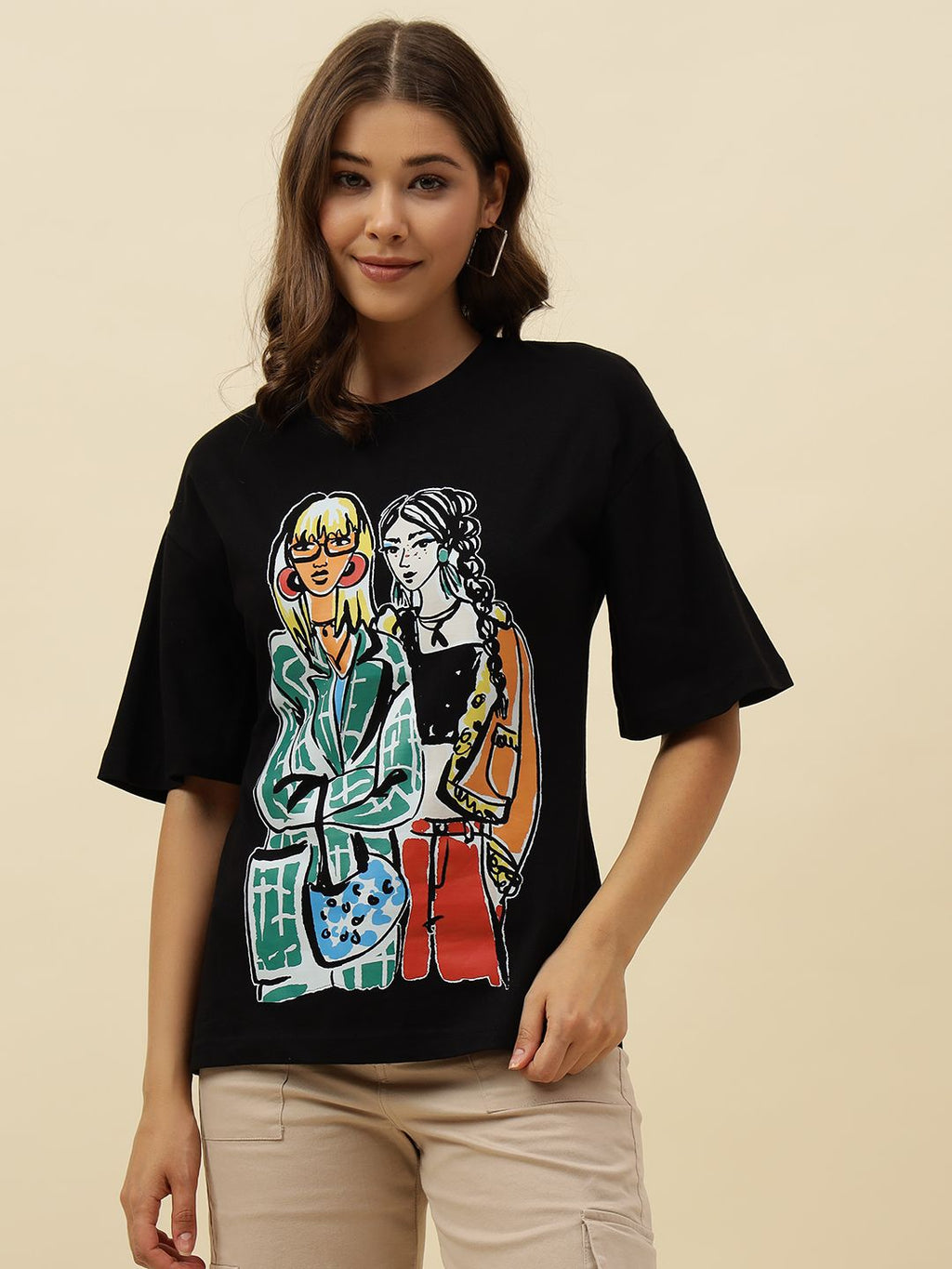 Black  Figure print Short Sleeve T-Shirt Beatnik