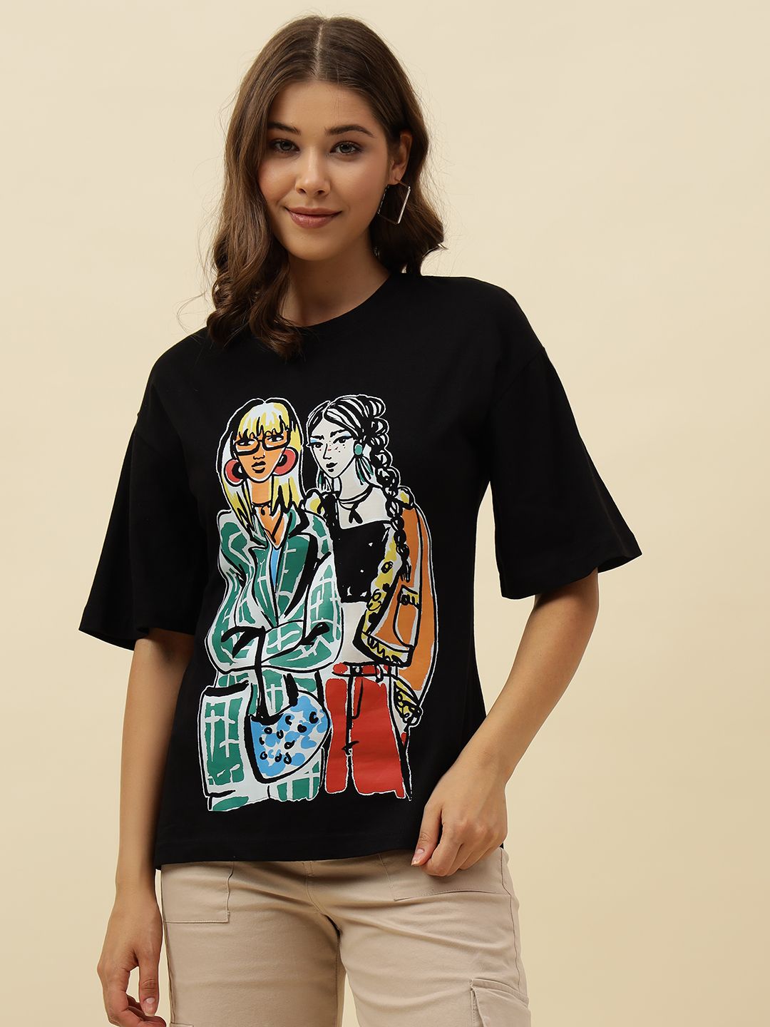 Black  Figure print Short Sleeve T-Shirt Beatnik
