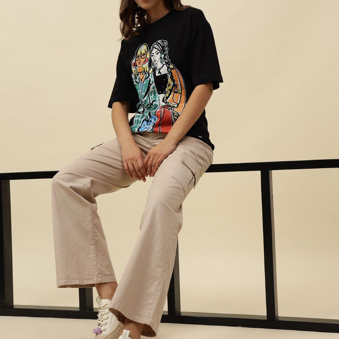 Black  Figure print Short Sleeve T-Shirt Beatnik