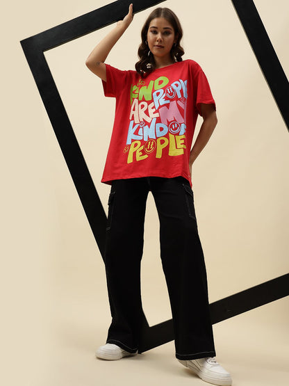 Typography Short Sleeve Red T-Shirt Beatnik