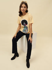 Figure print Short Sleeve Yellow T-Shirt Beatnik