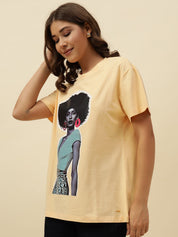 Figure print Short Sleeve Yellow T-Shirt Beatnik