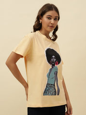 Figure print Short Sleeve Yellow T-Shirt Beatnik