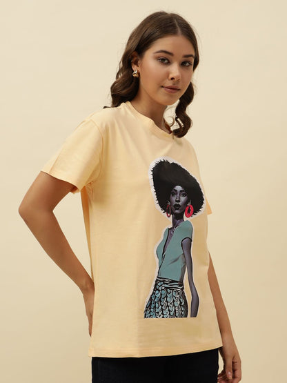 Figure print Short Sleeve Yellow T-Shirt Beatnik