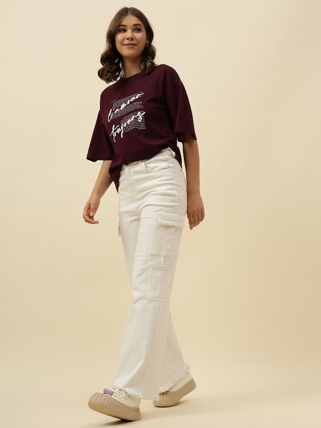 Typography Short Sleeve Maroon T-Shirt Beatnik