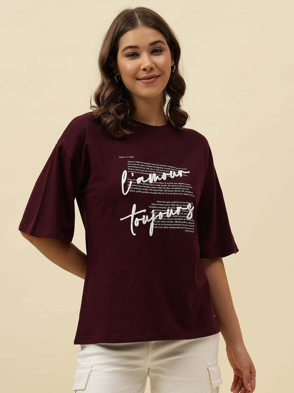 Typography Short Sleeve Maroon T-Shirt Beatnik