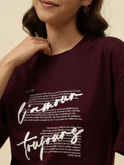 Typography Short Sleeve Maroon T-Shirt Beatnik