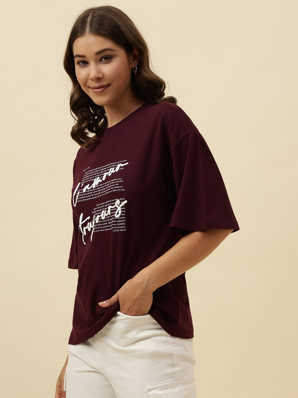Typography Short Sleeve Maroon T-Shirt Beatnik