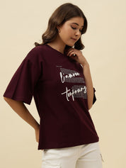 Typography Short Sleeve Maroon T-Shirt Beatnik
