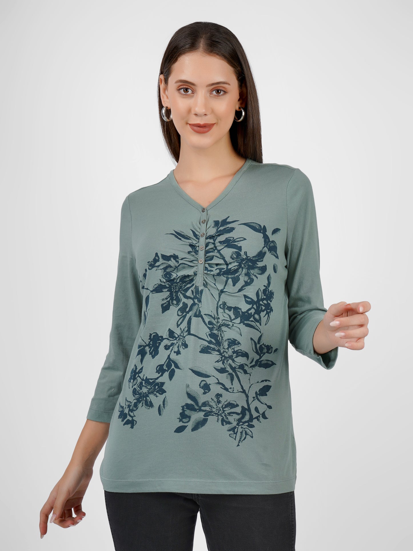 Women's Floral V-Neck 3/4 Sleeve T-Shirt Beatnik