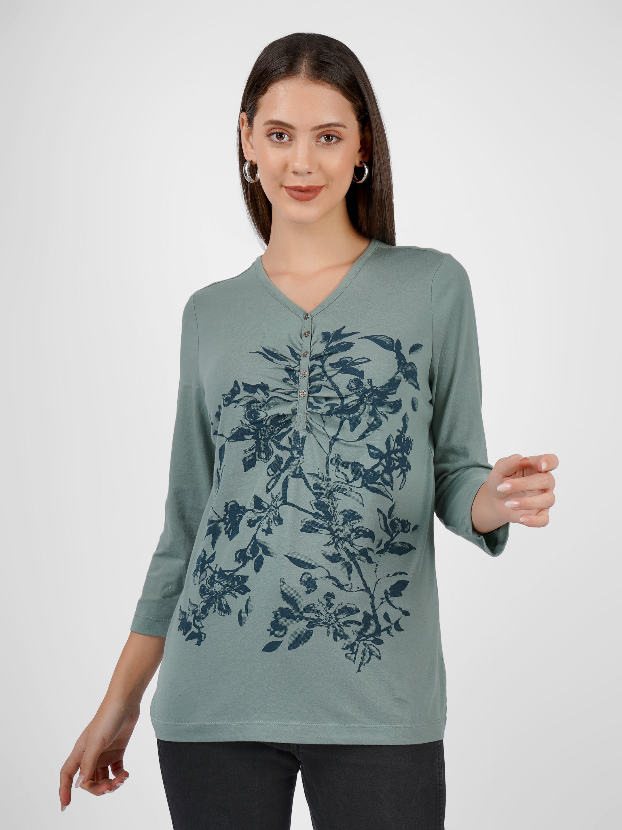 Women's Floral V-Neck 3/4 Sleeve T-Shirt Beatnik