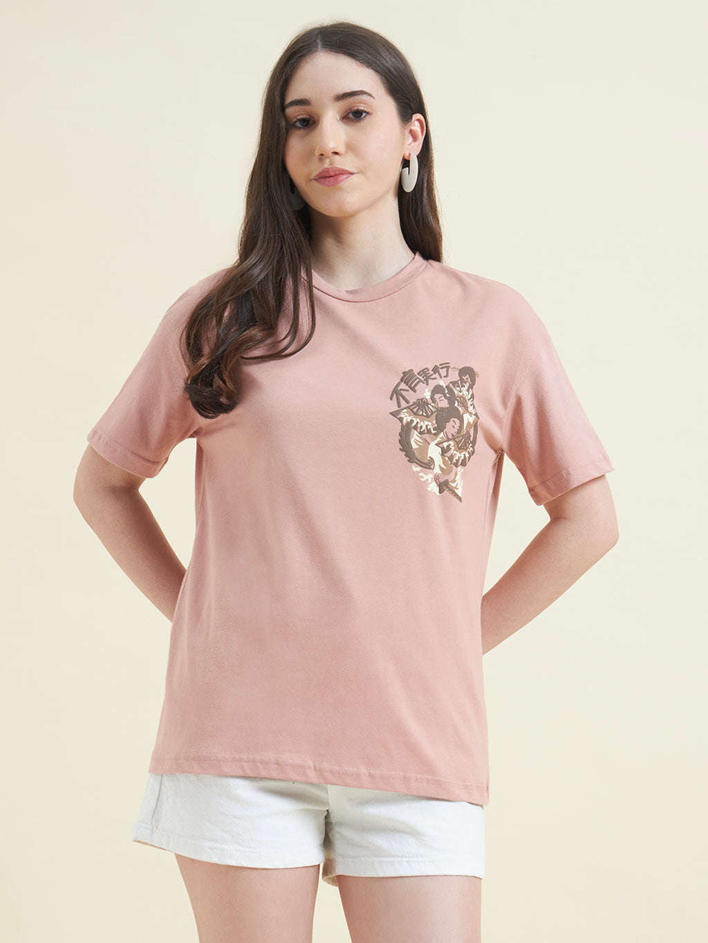 Women Pink Anime Art Embossed T-Shirt