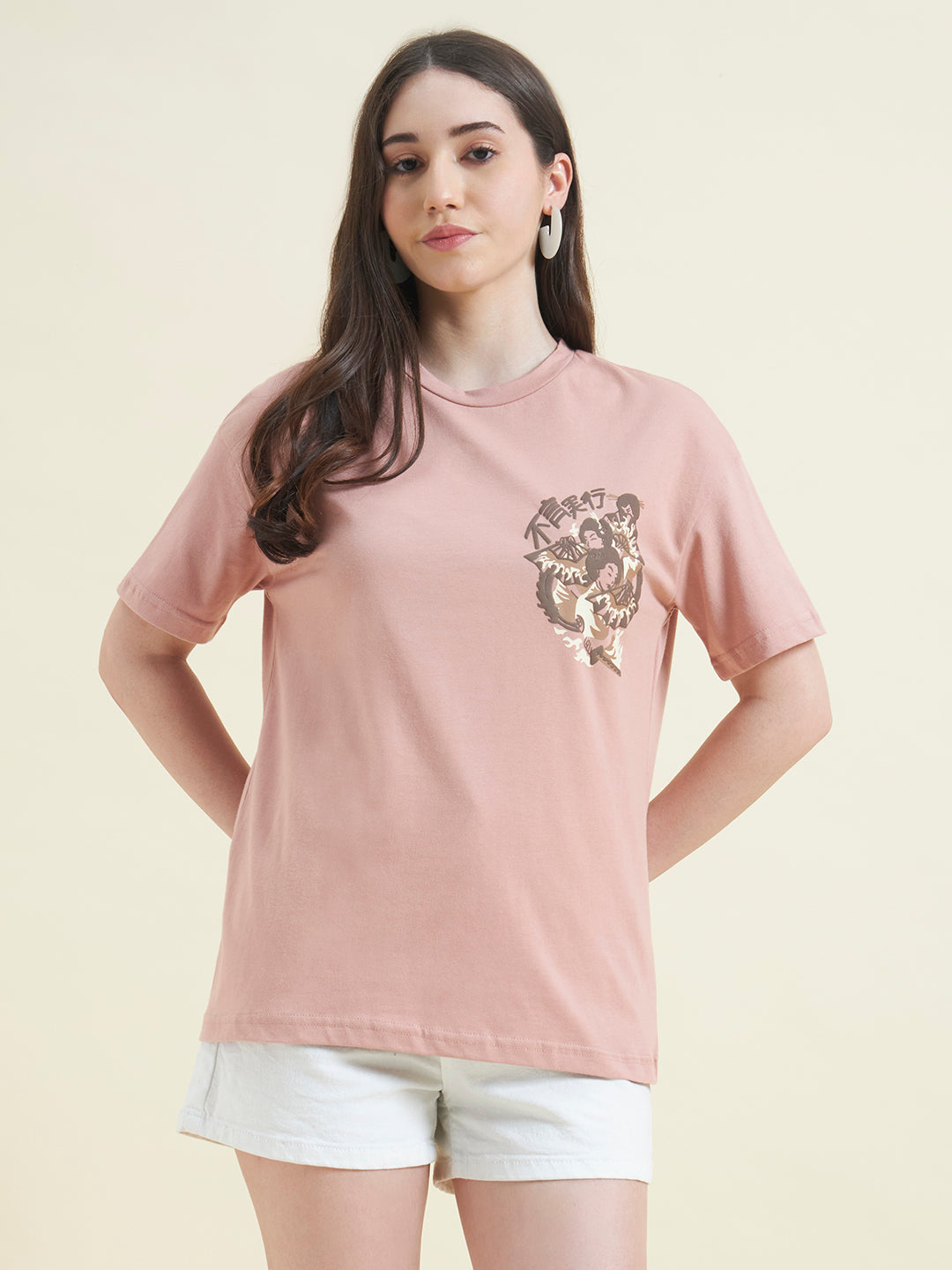 Women Pink Anime Art Embossed T-Shirt