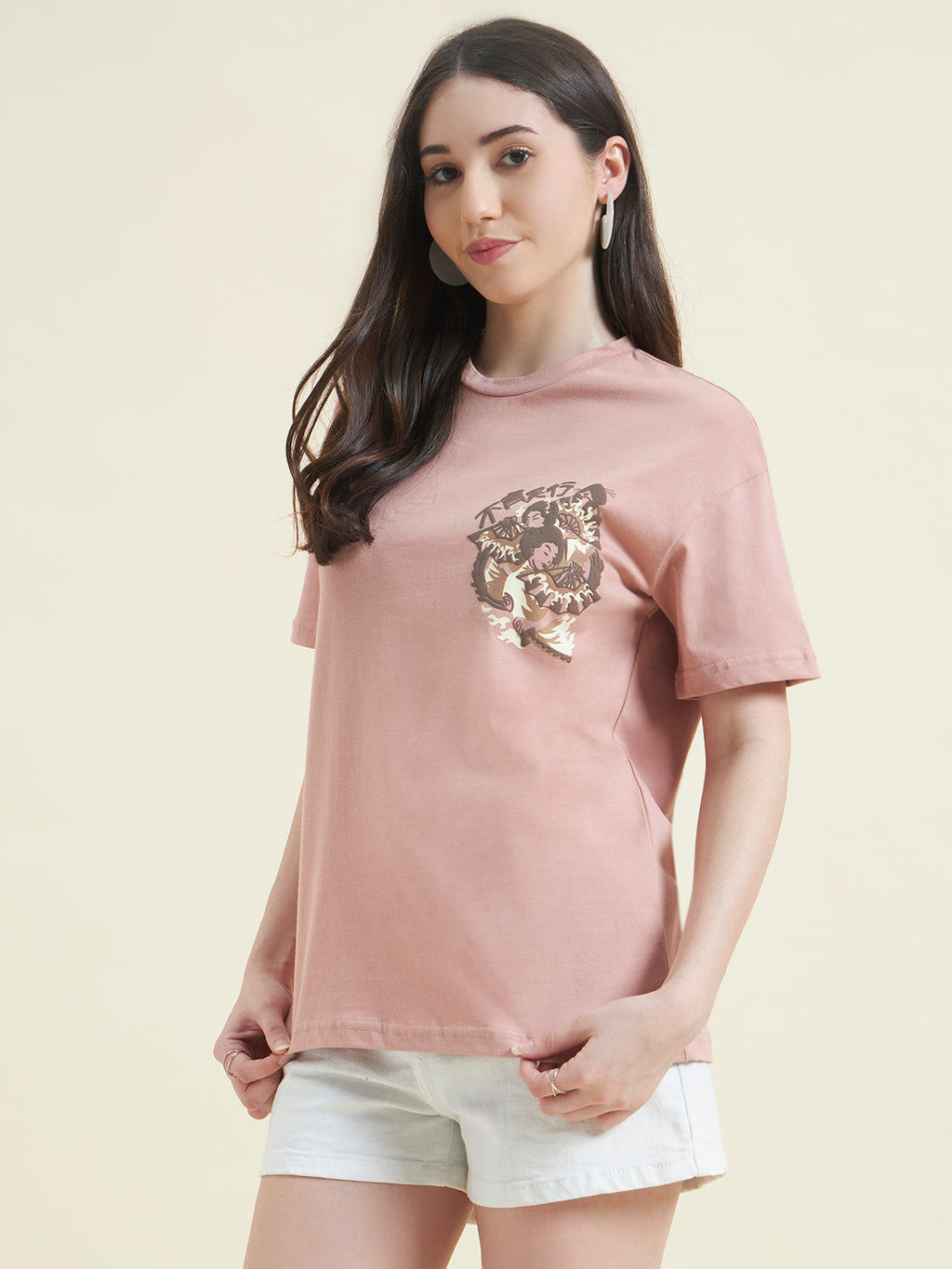 Women Pink Anime Art Embossed T-Shirt