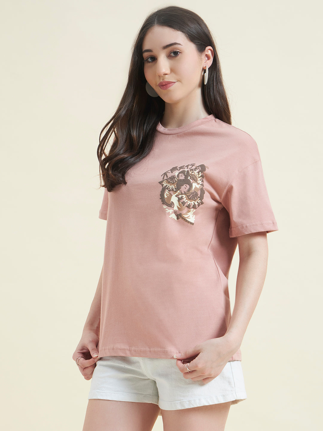 Women Pink Anime Art Embossed T-Shirt