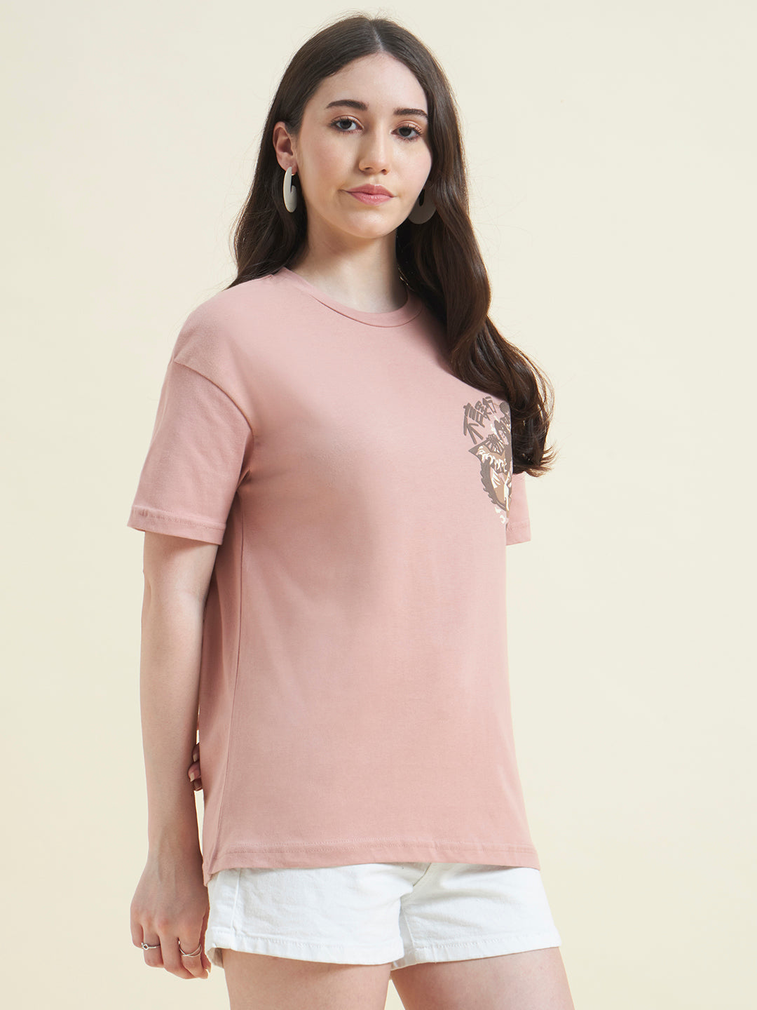 Women Pink Anime Art Embossed T-Shirt