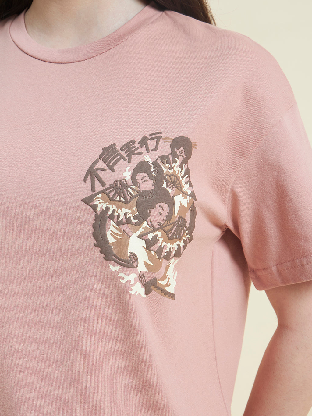 Women Pink Anime Art Embossed T-Shirt