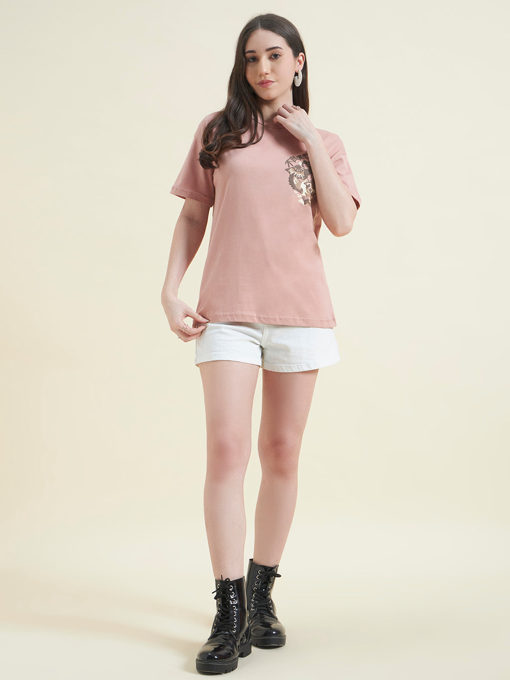 Women Pink Anime Art Embossed T-Shirt
