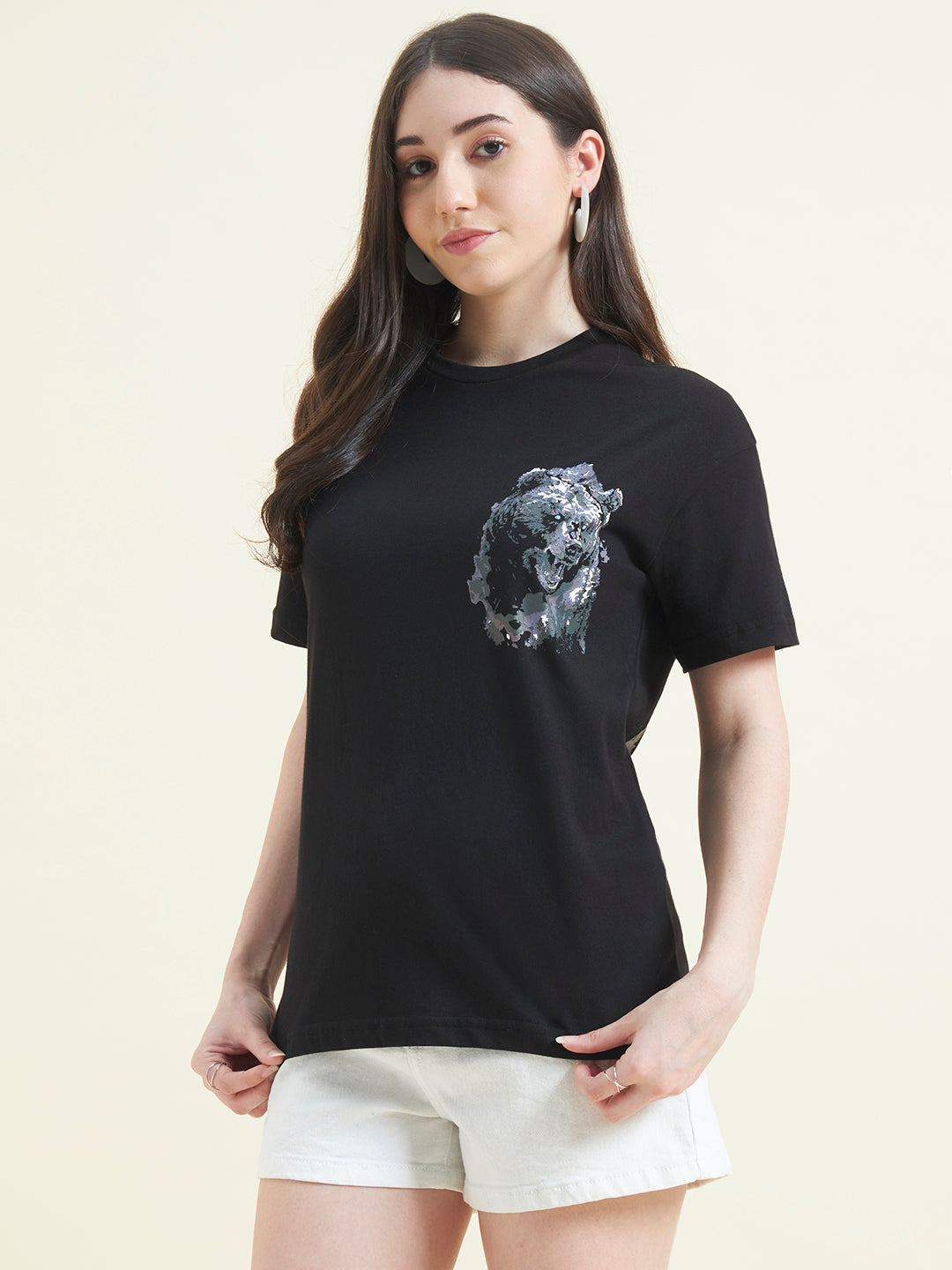 Women Black Bear Oversized Print T-shirt