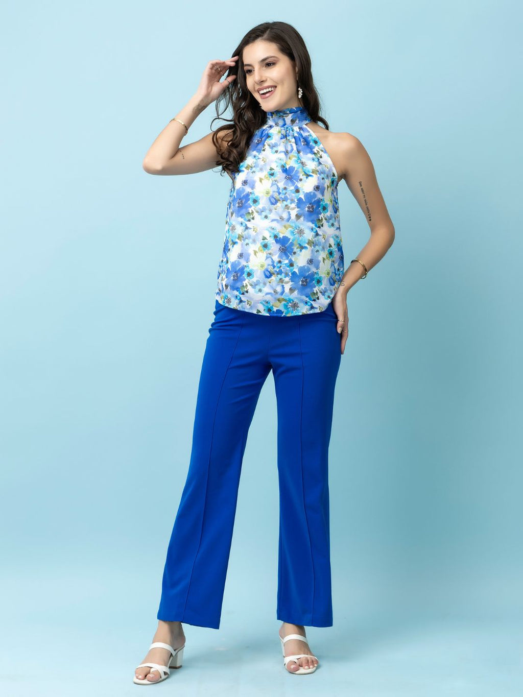 Beatnik Royal Blue Flare Womens Trousers Beatnik India