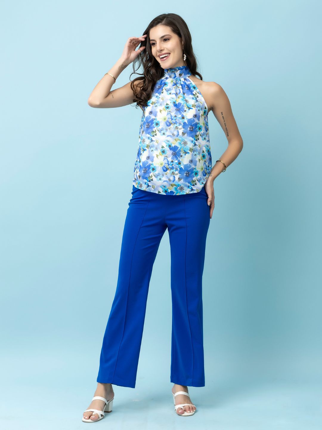 Beatnik Royal Blue Flare Womens Trousers Beatnik India