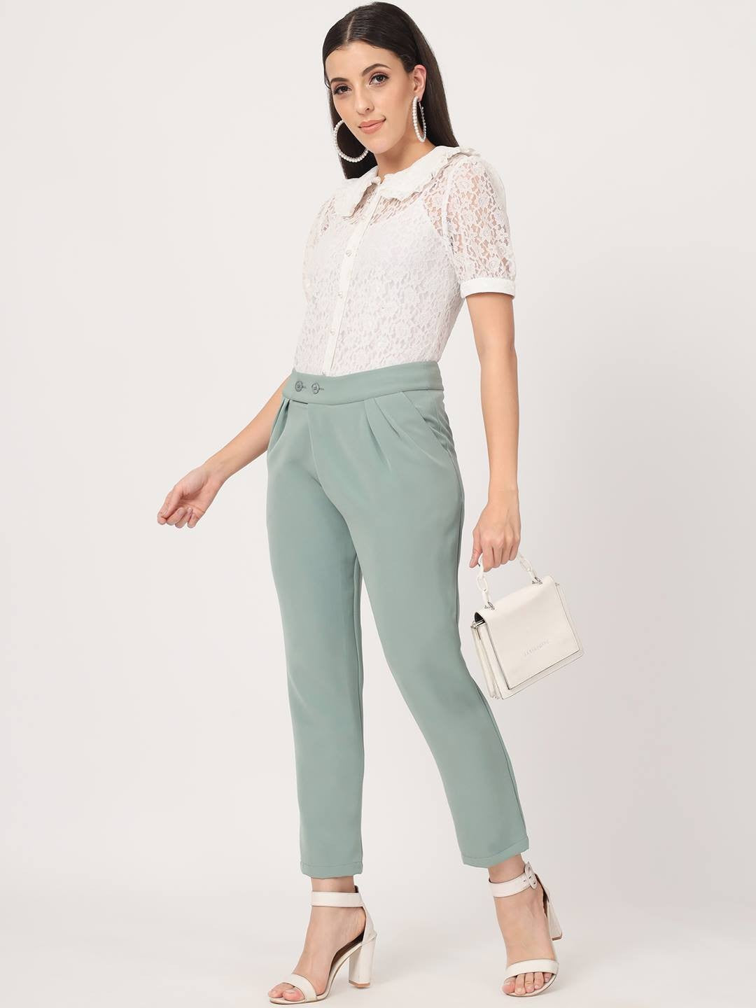 Beatnik Light Sea Green Pleated  Womens Trousers Beatnik India