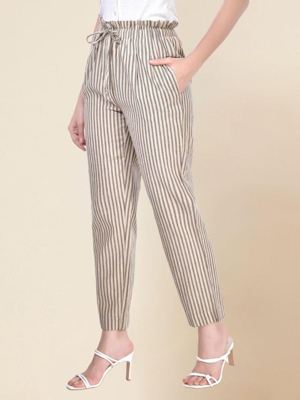 Beatnik Beige Cigarette Womens Trousers Beatnik India