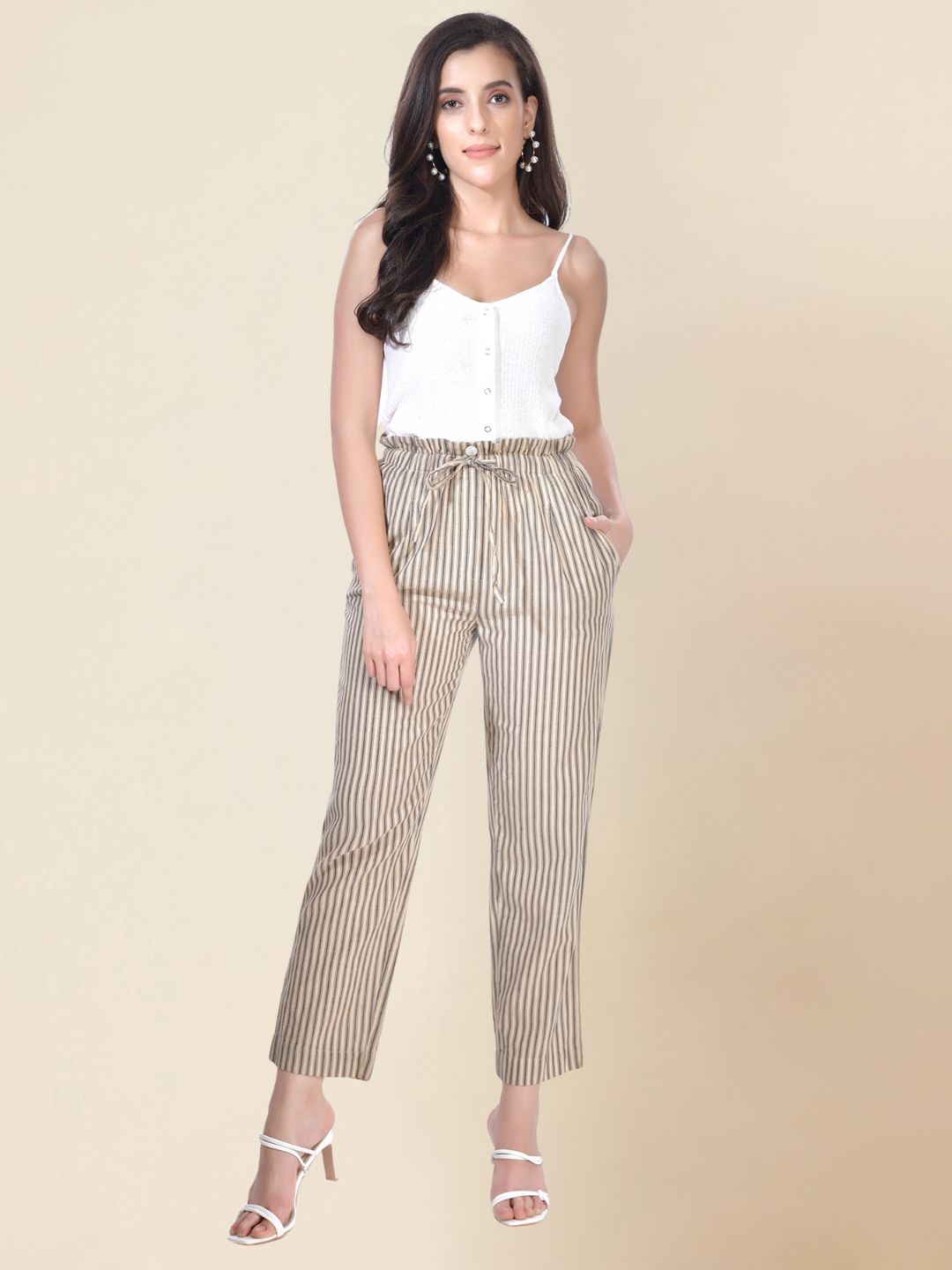 Beatnik Beige Cigarette Womens Trousers Beatnik India