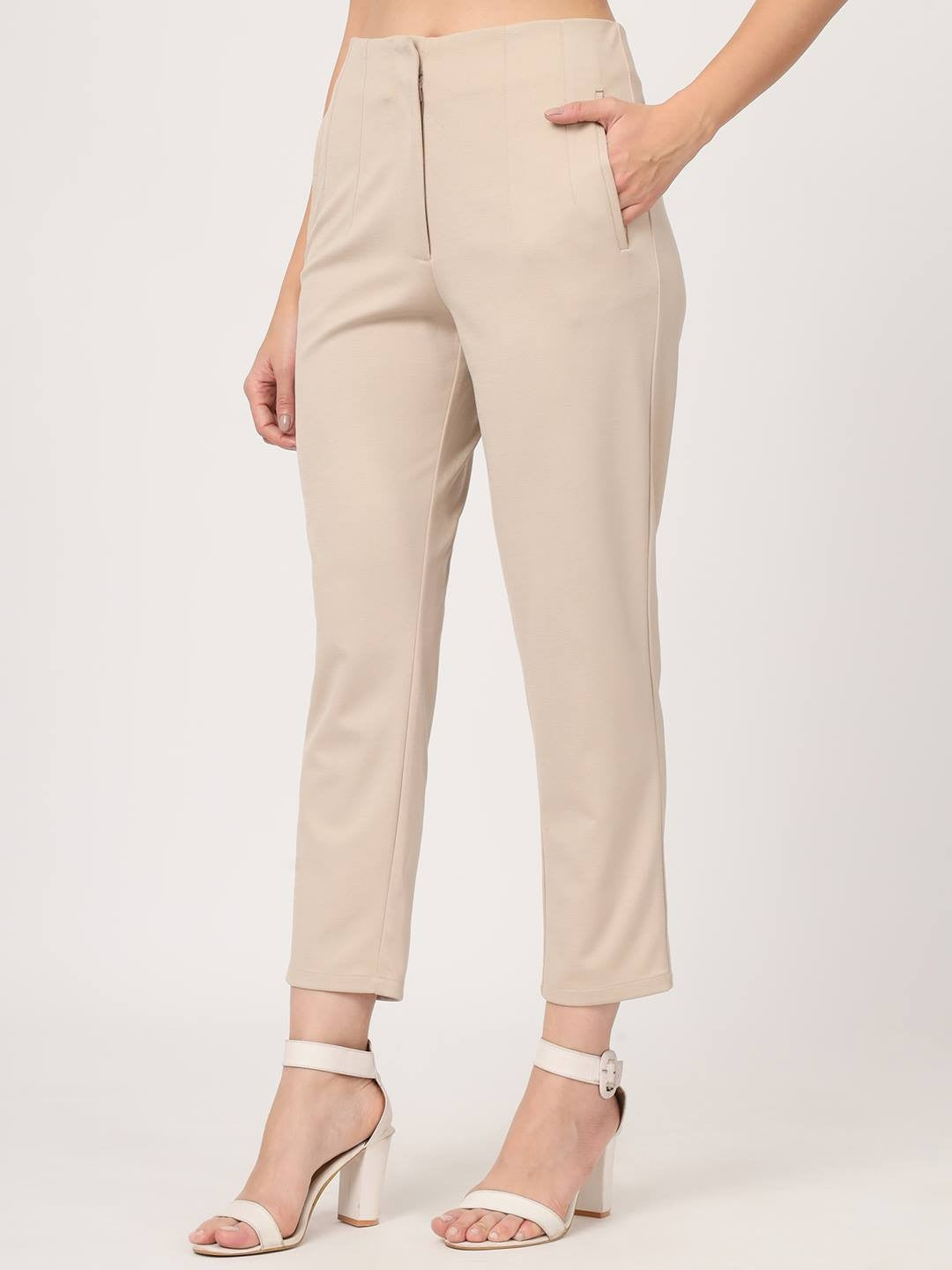 Beatnik Beige Pleated Womens Trousers Beatnik India