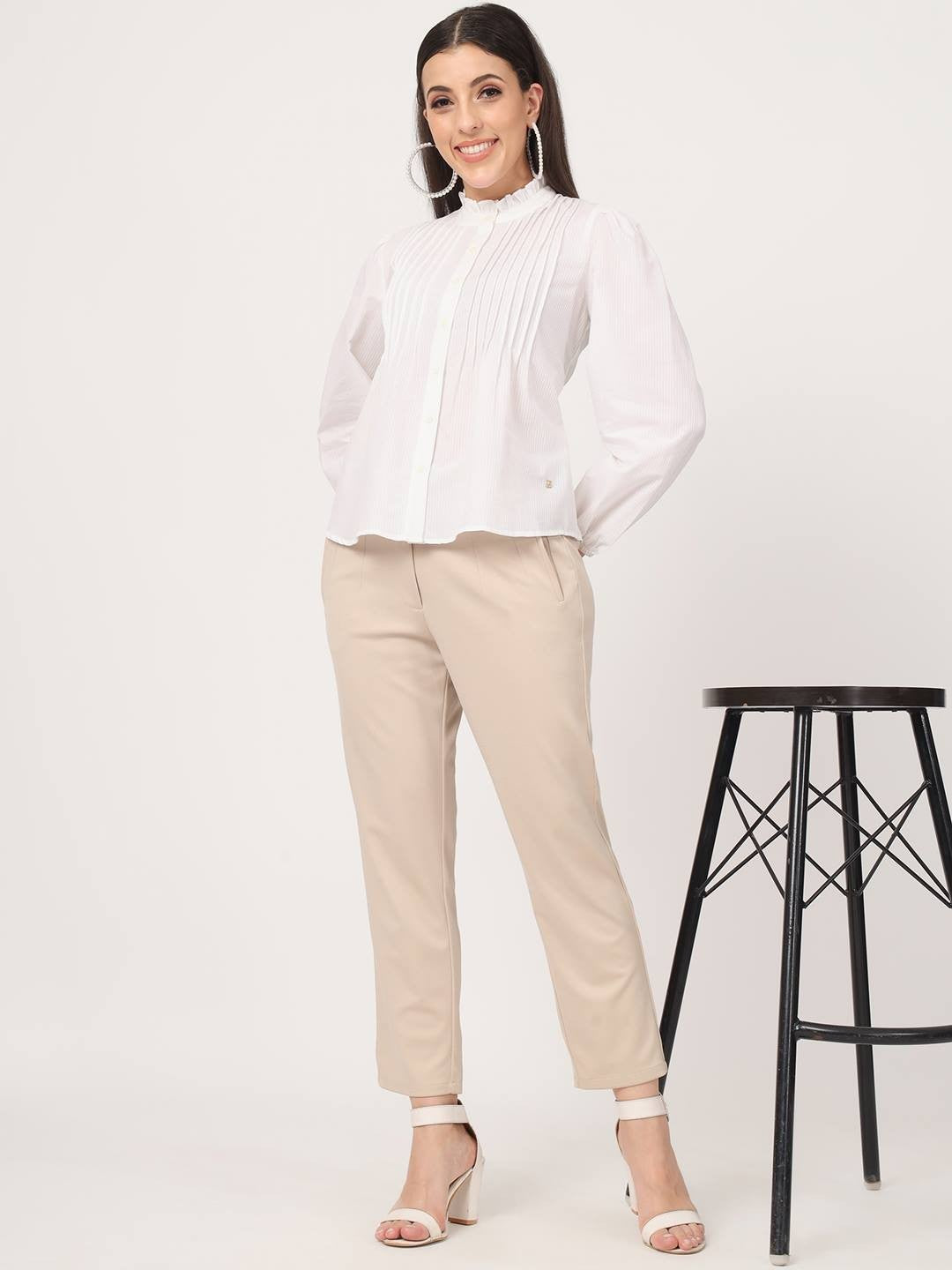 Beatnik Beige Pleated Womens Trousers Beatnik India