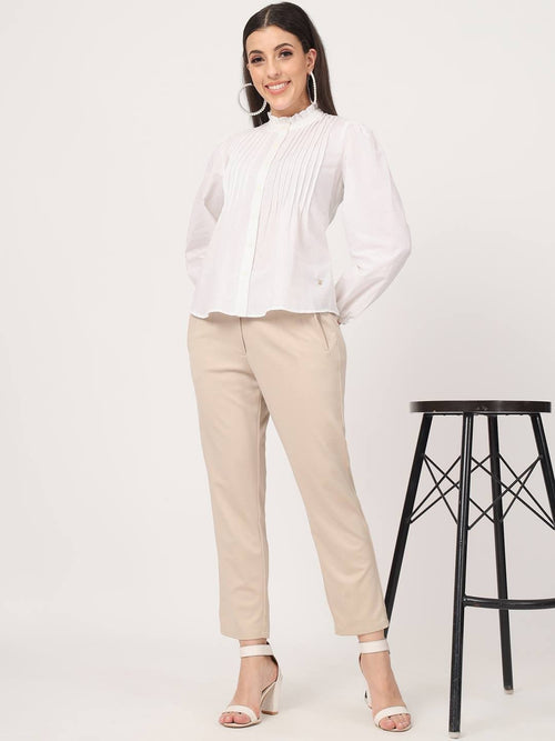 Beatnik Beige Pleated Womens Trousers Beatnik India