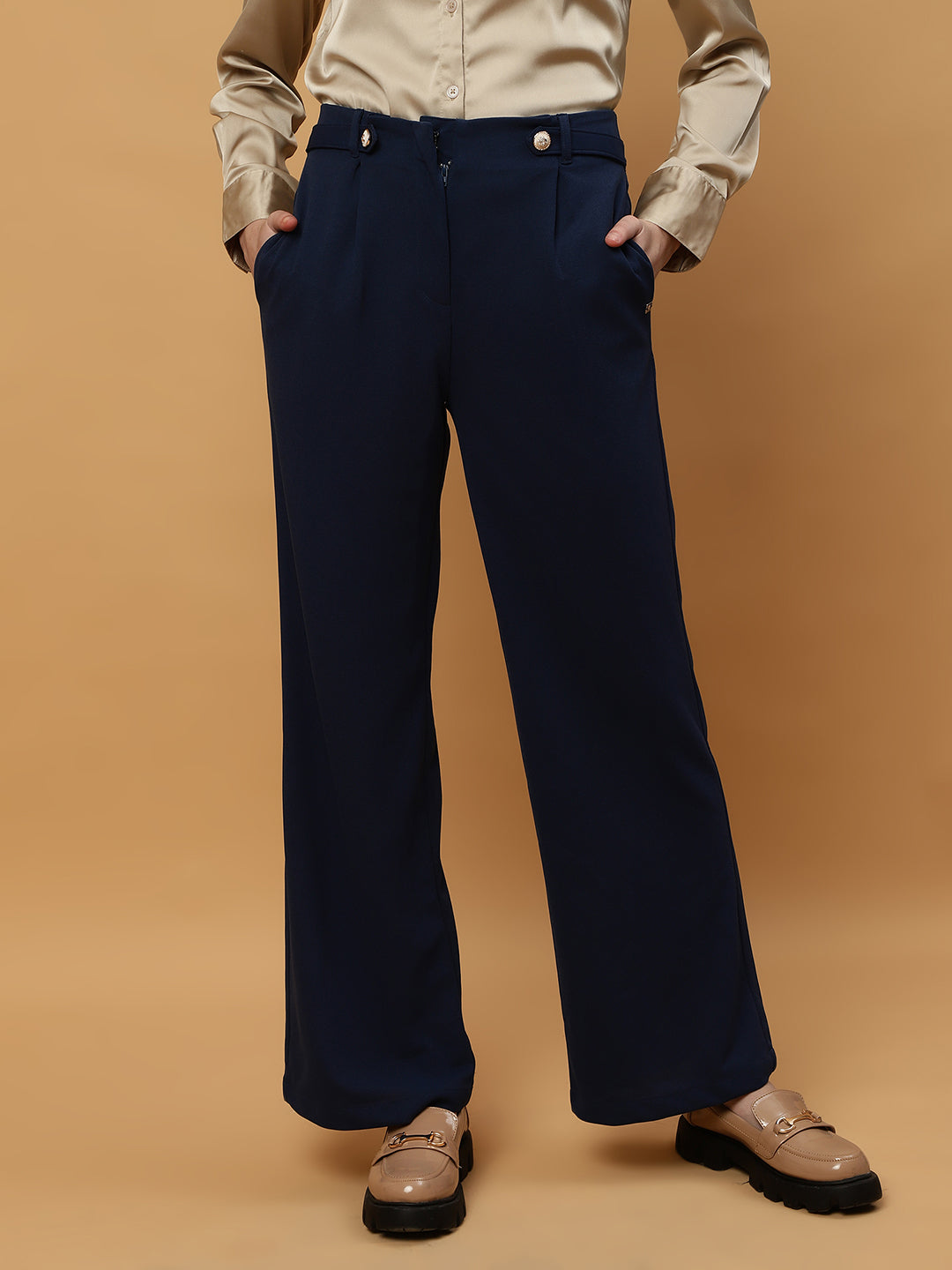 Beatnik Wide Leg Full Length Solid Womens Trousers Beatnik India
