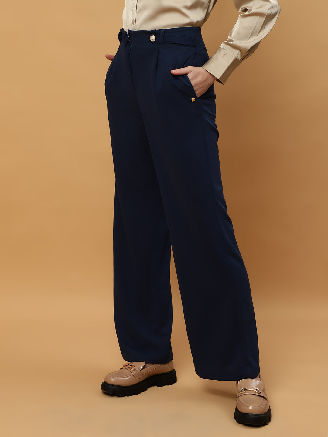 Beatnik Wide Leg Full Length Solid Womens Trousers Beatnik India
